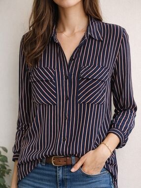 Women’s Navy Stripe Blouse Size S/M Lightweight Viscose Button Down Casual Top